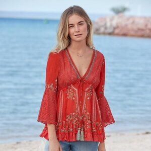 Guadalupe Coral Print Bell Sleeve Blouse/Coverup EUC sz M
